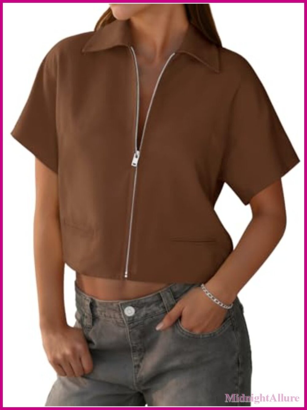 Womens Cropped Zip Up Vest Top Short Sleeve Collared Loose Fit